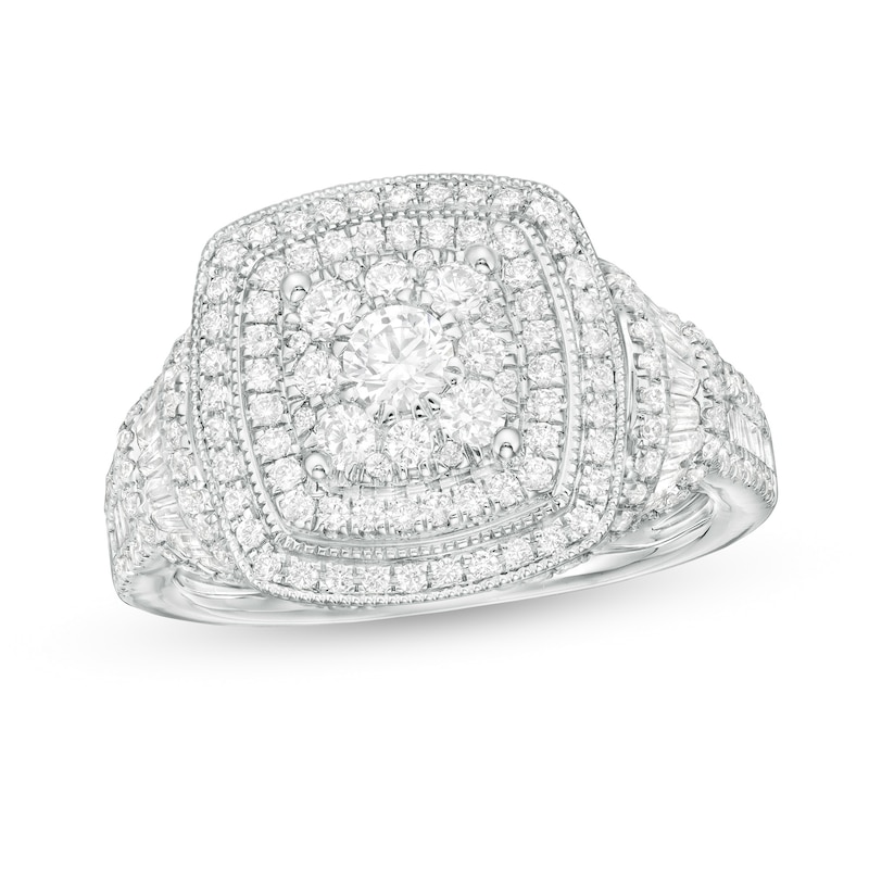 1.50 CT. T.W. Composite Diamond Triple Cushion Frame Vintage-Style Ring in 10K White Gold