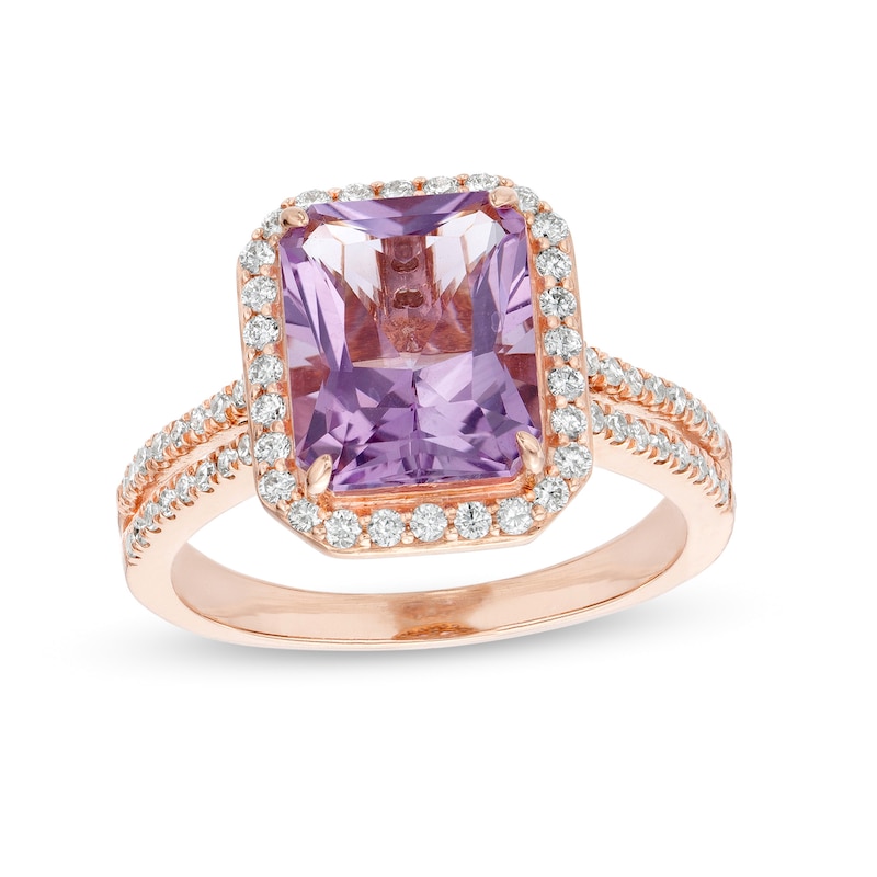 Main Image 1 of Emerald-Cut Rose de France Amethyst and 0.45 CT. T.W. Diamond Frame Double Row Engagement Ring in 14K Rose Gold