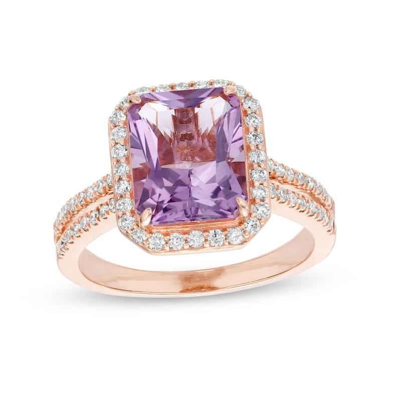 Emerald-Cut Rose de France Amethyst and 0.45 CT. T.W. Diamond Frame Double Row Engagement Ring in 14K Rose Gold|Peoples Jewellers