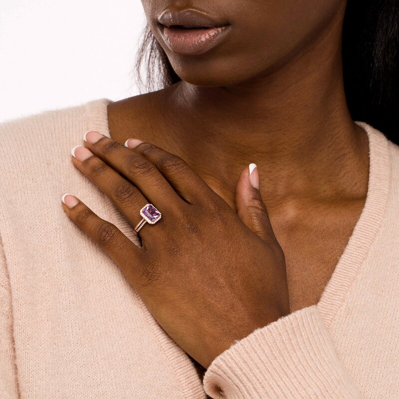 Main Image 2 of Emerald-Cut Rose de France Amethyst and 0.45 CT. T.W. Diamond Frame Double Row Engagement Ring in 14K Rose Gold