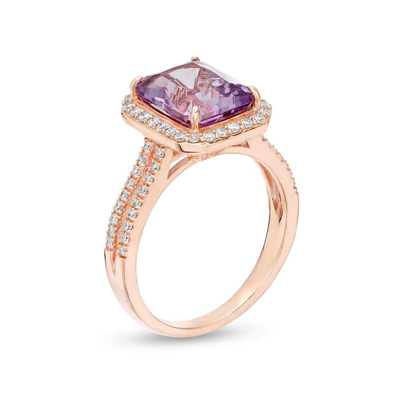 Main Image 3 of Emerald-Cut Rose de France Amethyst and 0.45 CT. T.W. Diamond Frame Double Row Engagement Ring in 14K Rose Gold
