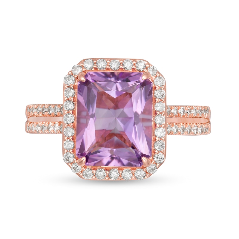 Main Image 4 of Emerald-Cut Rose de France Amethyst and 0.45 CT. T.W. Diamond Frame Double Row Engagement Ring in 14K Rose Gold