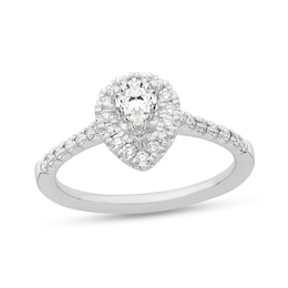0.79 CT. T.W. Diamond Pear-Shaped Diamond Frame Engagement Ring in Platinum