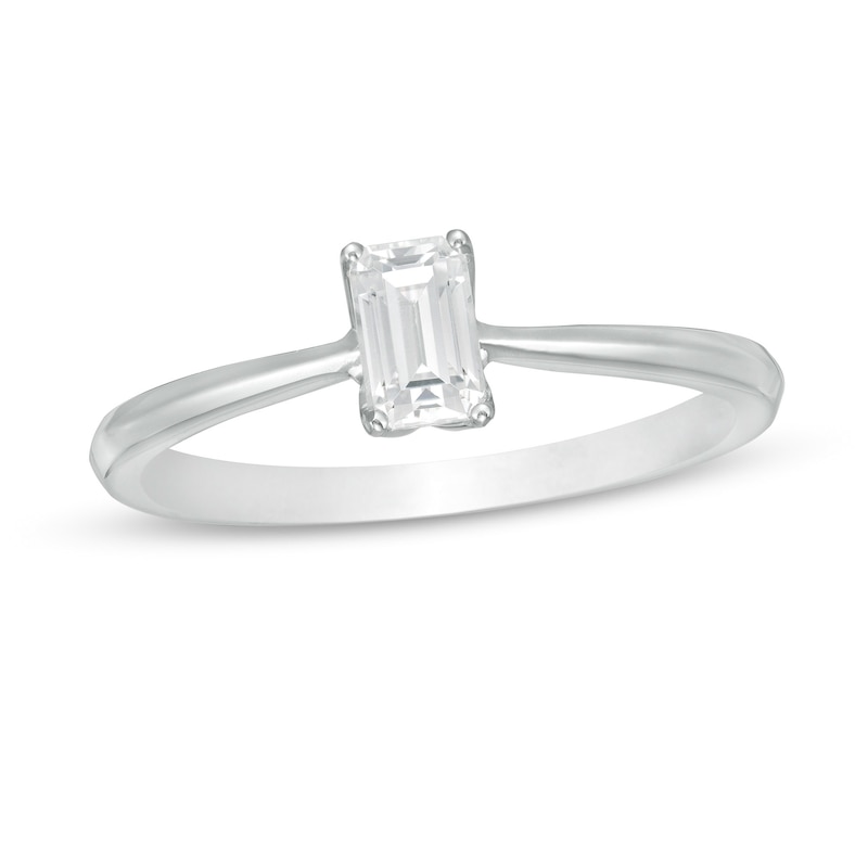 Main Image 1 of Trouvaille Collection 0.30 CT. DeBeers®-Graded Emerald-Cut Diamond Solitaire Engagement Ring in 18K White Gold (F/SI2)