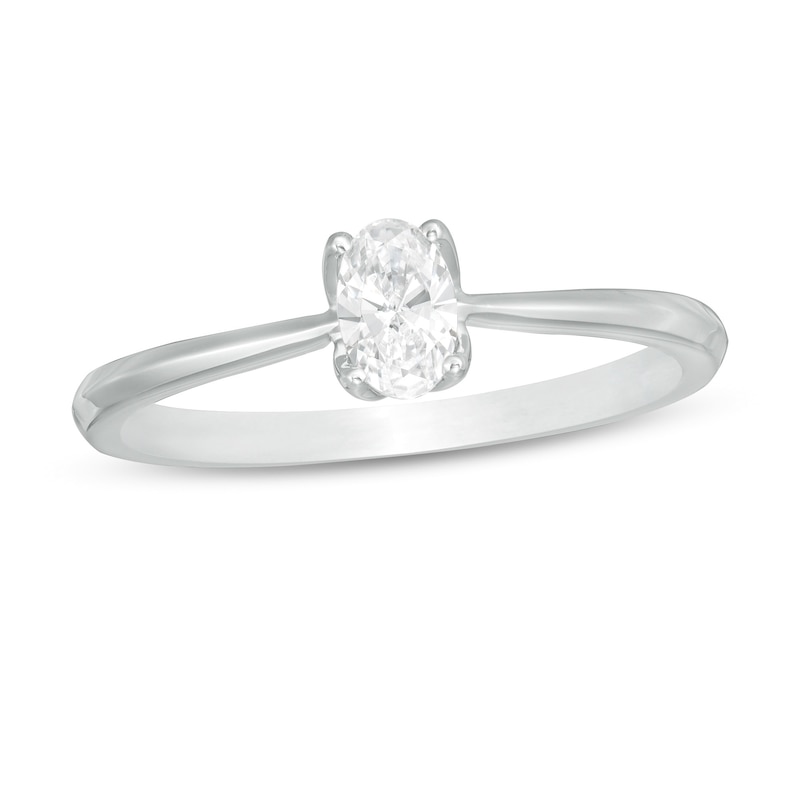 Trouvaille Collection 0.30 CT. DeBeers®-Graded Oval Diamond Solitaire Engagement Ring in 18K White Gold (F/SI2)