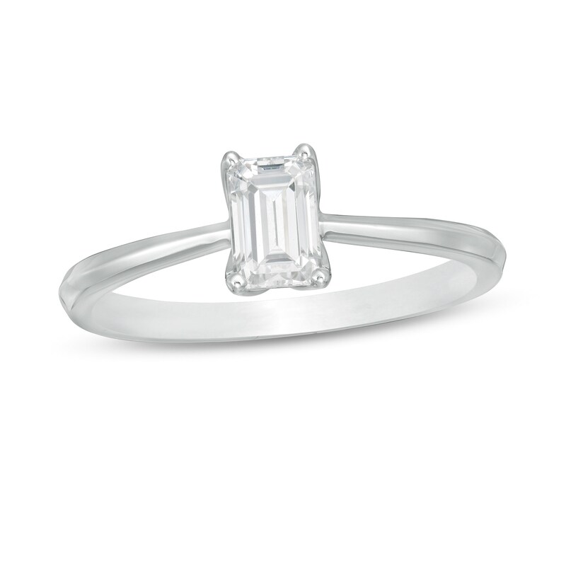 Main Image 1 of Trouvaille Collection 0.50 CT. DeBeers®-Graded Emerald-Cut Diamond Solitaire Engagement Ring in 18K White Gold (F/SI2)