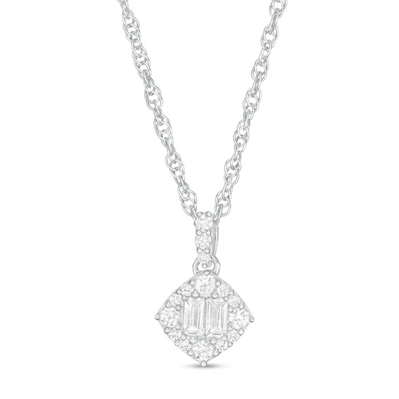 0.15 CT. T.W. Baguette and Round Diamond Tilted Cushion Frame Pendant in 10K White Gold 0.15 CT. T.W. Baguette and Round Diamond Tilted Cushion Frame Pendant in 10K White Gold