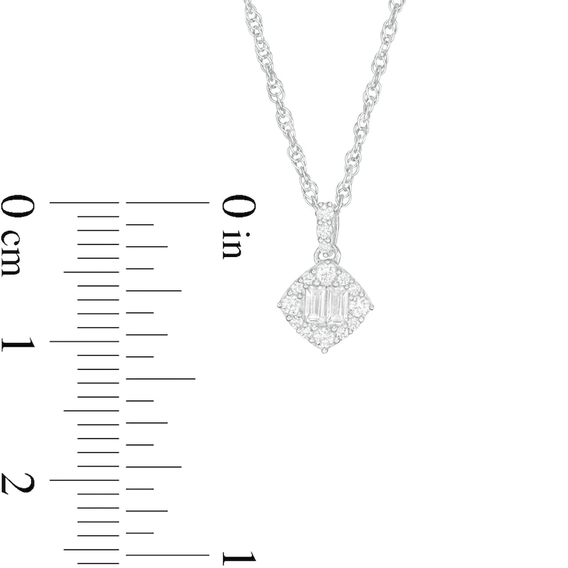 0.15 CT. T.W. Baguette and Round Diamond Tilted Cushion Frame Pendant in 10K White Gold