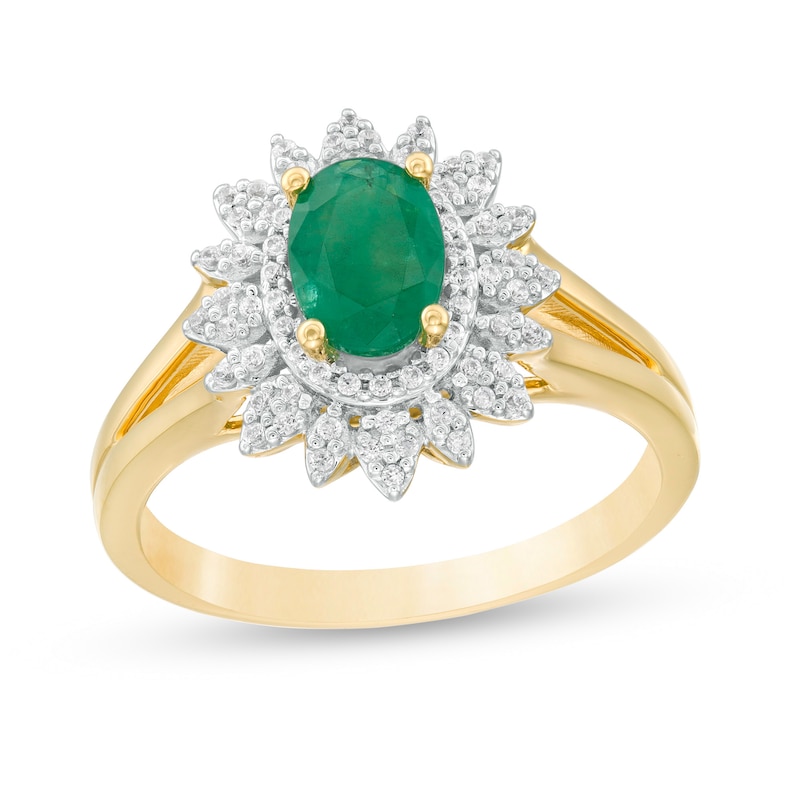 Oval Emerald and 0.20 CT. T.W. Diamond Flower Frame Split Shank Ring in 10K Gold|Peoples Jewellers