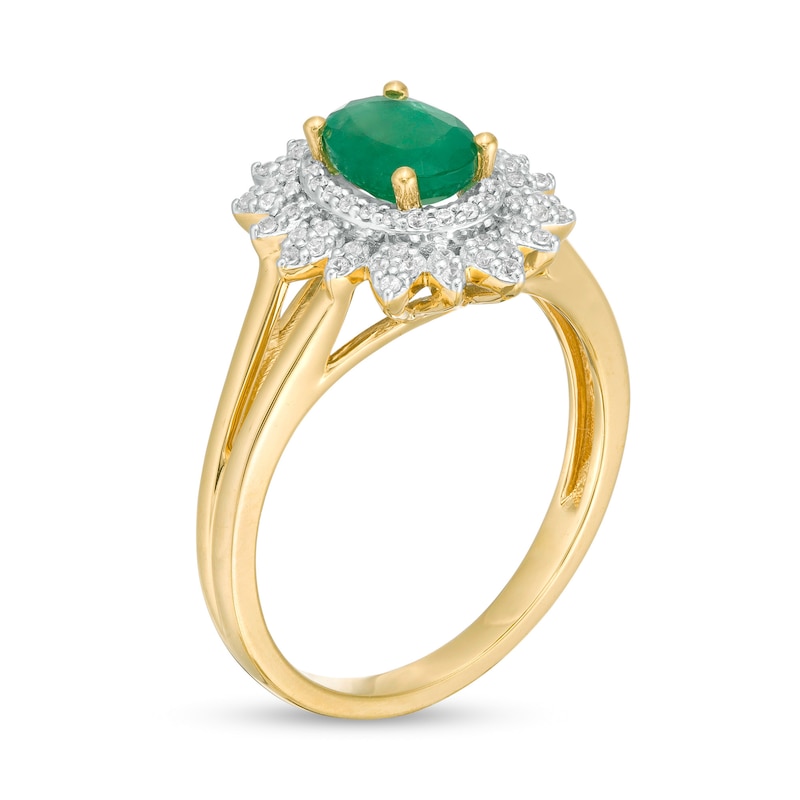 Oval Emerald and 0.20 CT. T.W. Diamond Flower Frame Split Shank Ring in 10K Gold