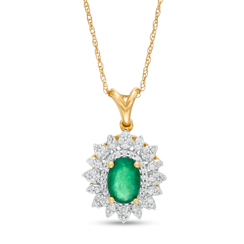 Oval Emerald and 0.20 CT. T.W. Diamond Flower Frame Pendant in 10K Gold|Peoples Jewellers