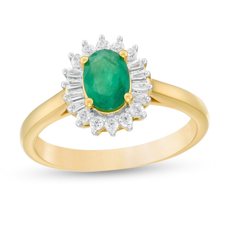 Oval Emerald and 0.20 CT. T.W. Baguette and Round Diamond Starburst Frame Ring in 10K Gold