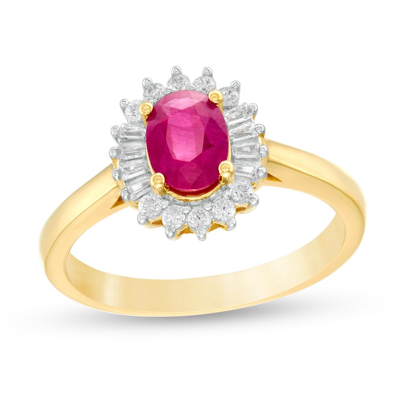 Oval Ruby and 0.20 CT. T.W. Baguette and Round Diamond Starburst Frame Ring in 10K Gold