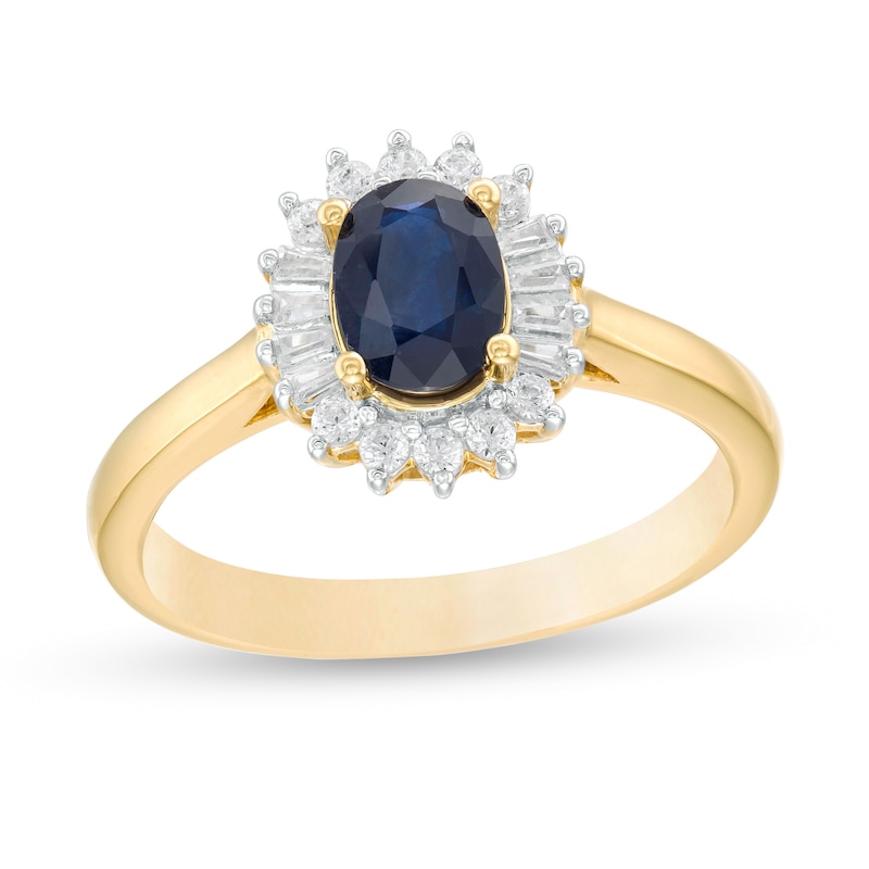 Oval Blue Sapphire and 0.20 CT. T.W. Baguette and Round Diamond Starburst Frame Ring in 10K Gold|Peoples Jewellers
