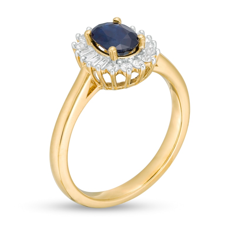 Main Image 3 of Oval Blue Sapphire and 0.20 CT. T.W. Baguette and Round Diamond Starburst Frame Ring in 10K Gold