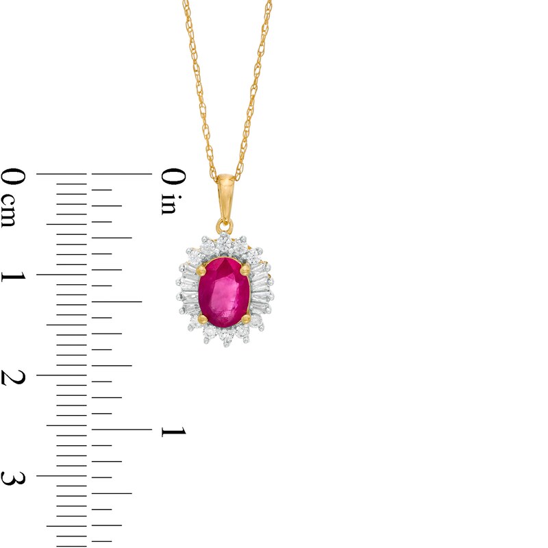 Oval Ruby and 0.20 CT. T.W. Baguette and Round Diamond Starburst Frame Pendant in 10K Gold