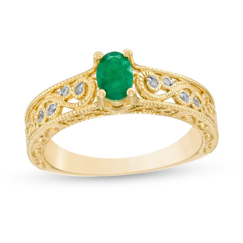 Main Image 1 of Oval Emerald and 0.05 CT. T.W. Diamond Scroll Open Shank Vintage-Style Ring in 10K Gold