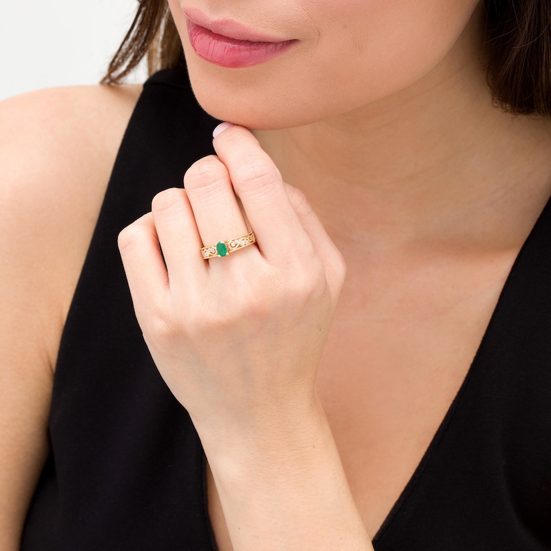 Main Image 2 of Oval Emerald and 0.05 CT. T.W. Diamond Scroll Open Shank Vintage-Style Ring in 10K Gold