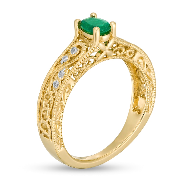 Main Image 3 of Oval Emerald and 0.05 CT. T.W. Diamond Scroll Open Shank Vintage-Style Ring in 10K Gold