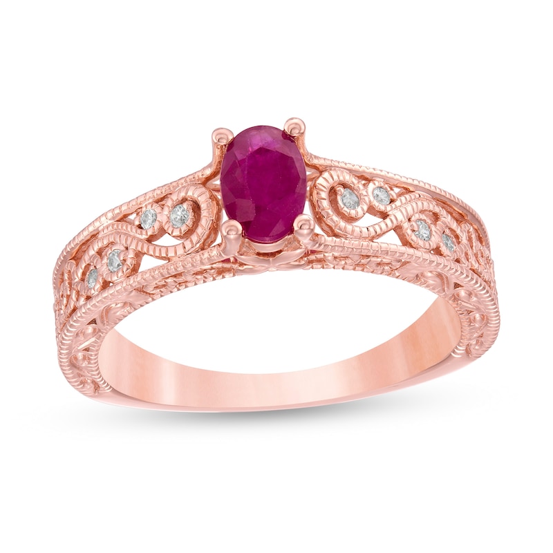 Oval Ruby and 0.05 CT. T.W. Diamond Scroll Open Shank Vintage-Style Ring in 10K Rose Gold