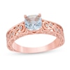 Thumbnail Image 0 of 6.0mm Cushion-Cut Aquamarine and 0.05 CT. T.W. Diamond Scroll Open Shank Vintage-Style Ring in 10K Rose Gold