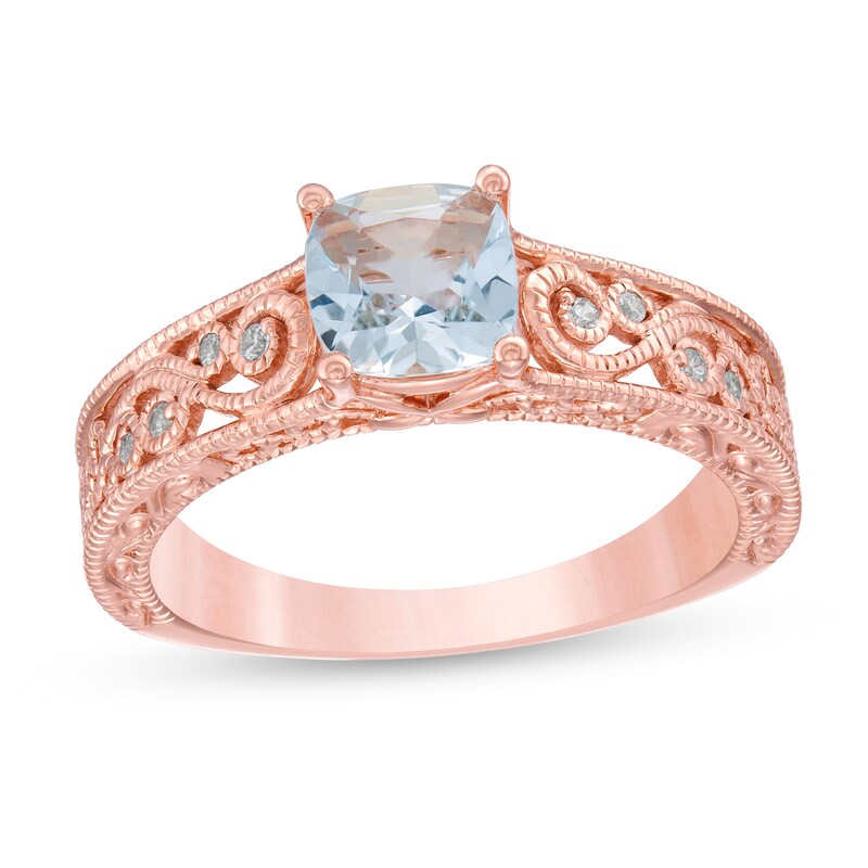 6.0mm Cushion-Cut Aquamarine and 0.05 CT. T.W. Diamond Scroll Open Shank Vintage-Style Ring in 10K Rose Gold