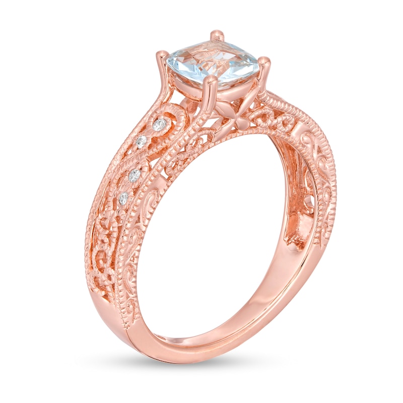 6.0mm Cushion-Cut Aquamarine and 0.05 CT. T.W. Diamond Scroll Open Shank Vintage-Style Ring in 10K Rose Gold