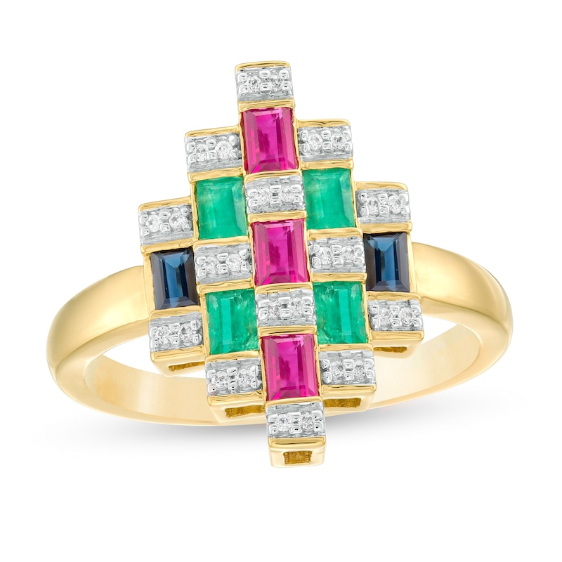 Main Image 1 of Baguette Ruby, Emerald, Blue Sapphire and 0.08 CT. T.W. Diamond Geometric Ring in 10K Gold