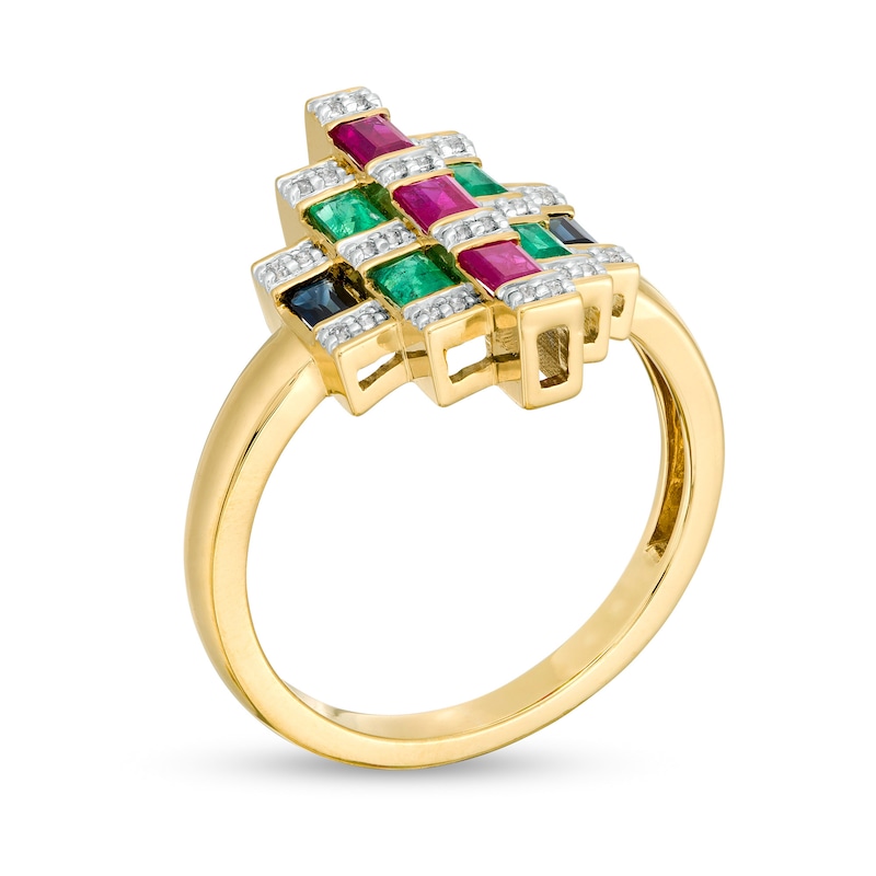 Main Image 3 of Baguette Ruby, Emerald, Blue Sapphire and 0.08 CT. T.W. Diamond Geometric Ring in 10K Gold