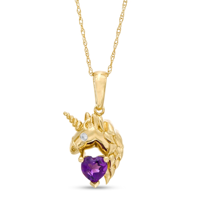 5.0mm Heart-Shaped Amethyst and Diamond Accent Unicorn Pendant in 10K Gold