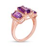 Thumbnail Image 2 of Emerald-Cut Amethyst and 0.20 CT. T.W. Diamond Frame Three Stone Split Shank Ring in 10K Rose Gold