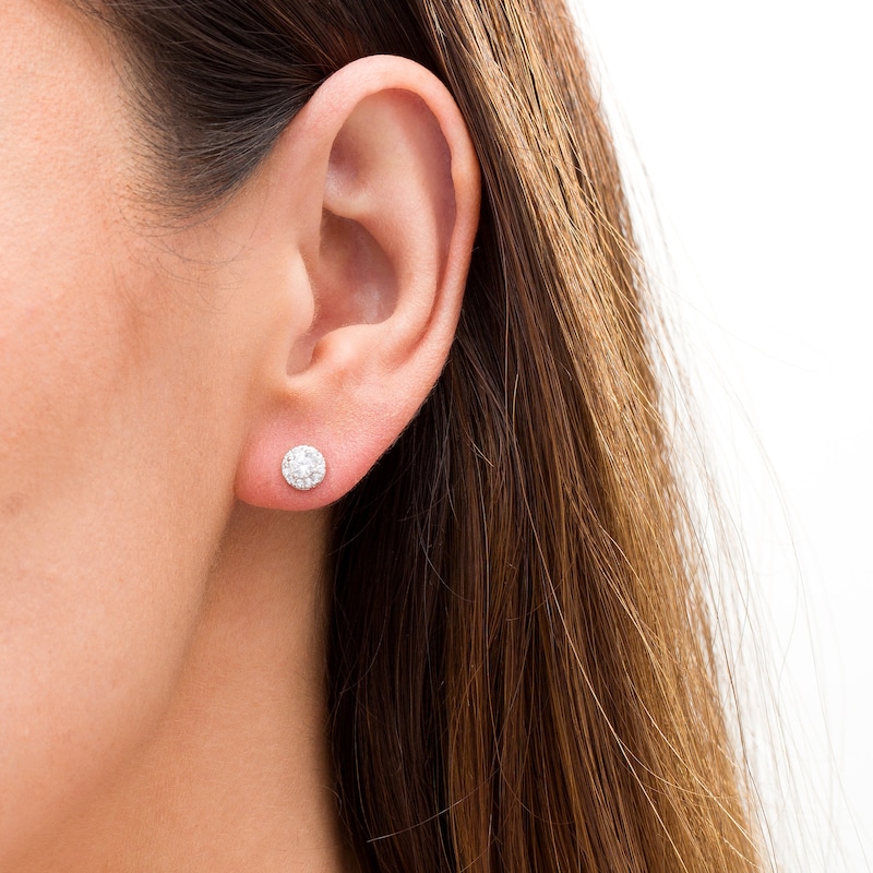 Main Image 2 of Trouvaille Collection 0.50 CT. T.W. DeBeers®-Graded Diamond Frame Stud Earrings in 14K White Gold (F/I1)