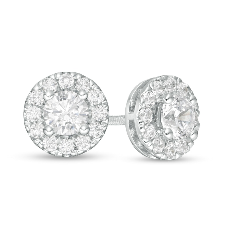 Main Image 1 of Trouvaille Collection 1.00 CT. T.W. DeBeers®-Graded Diamond Frame Stud Earrings in 14K White Gold (F/I1)