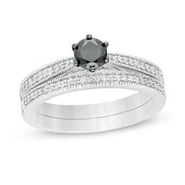0.45 CT. T.W. Enhanced Black and White Diamond Vintage-Style Bridal Set in 10K White Gold