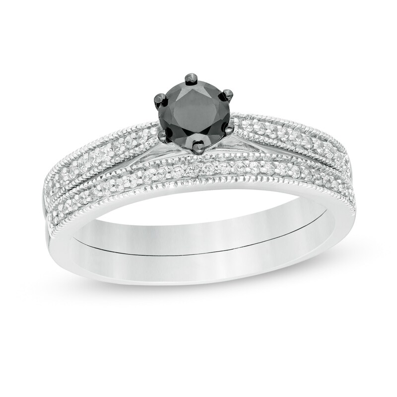 Main Image 1 of 0.45 CT. T.W. Enhanced Black and White Diamond Vintage-Style Bridal Set in 10K White Gold