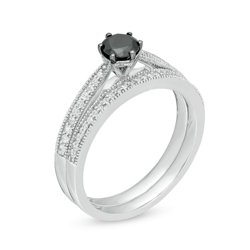 Main Image 3 of 0.45 CT. T.W. Enhanced Black and White Diamond Vintage-Style Bridal Set in 10K White Gold