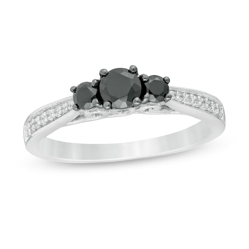Main Image 1 of 0.45 CT. T.W. Enhanced Black and White Diamond Three Stone Engagement Ring in Sterling Silver