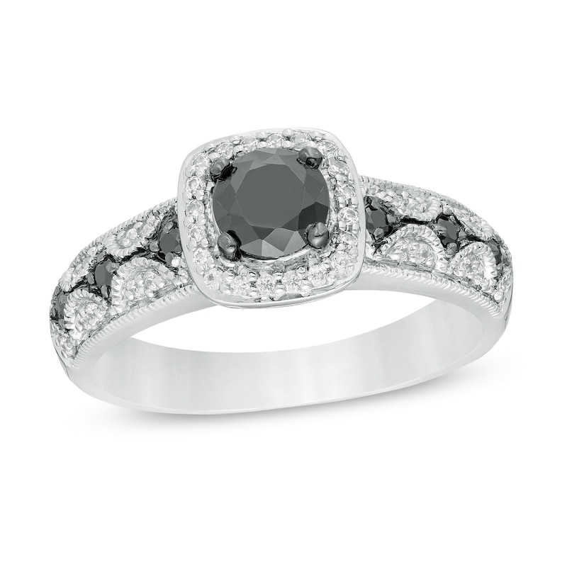 0.69 CT. T.W. Enhanced Black and White Diamond Cushion Frame Vintage-Style Engagement Ring in 10K White Gold