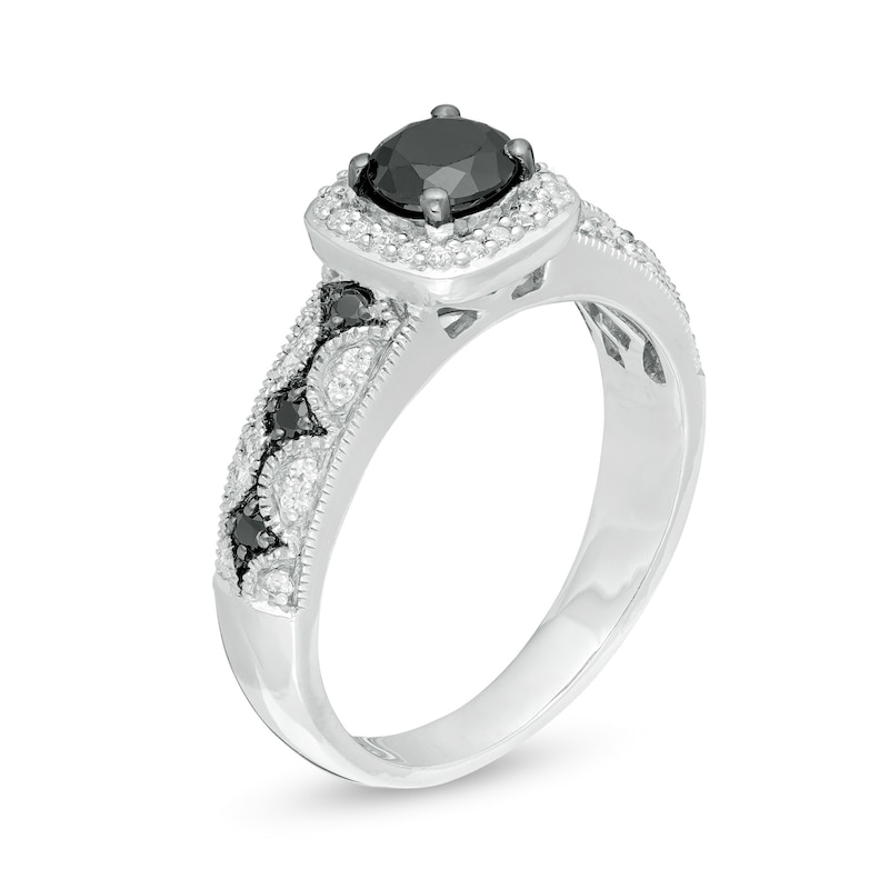 0.69 CT. T.W. Enhanced Black and White Diamond Cushion Frame Vintage-Style Engagement Ring in 10K White Gold