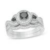Thumbnail Image 1 of 0.69 CT. T.W. Enhanced Black and White Diamond Frame Three Stone Twist Shank Vintage-Style Bridal Set in 10K White Gold