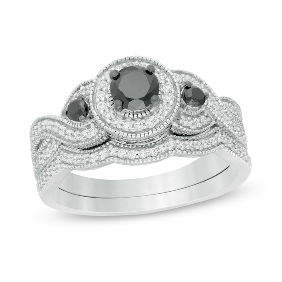 0.69 CT. T.W. Enhanced Black and White Diamond Frame Three Stone Twist Shank Vintage-Style Bridal Set in 10K White Gold