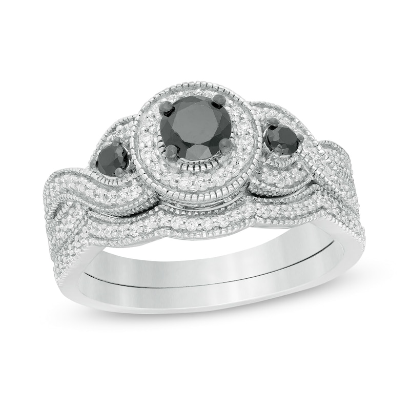 0.69 CT. T.W. Enhanced Black and White Diamond Frame Three Stone Twist Shank Vintage-Style Bridal Set in 10K White Gold