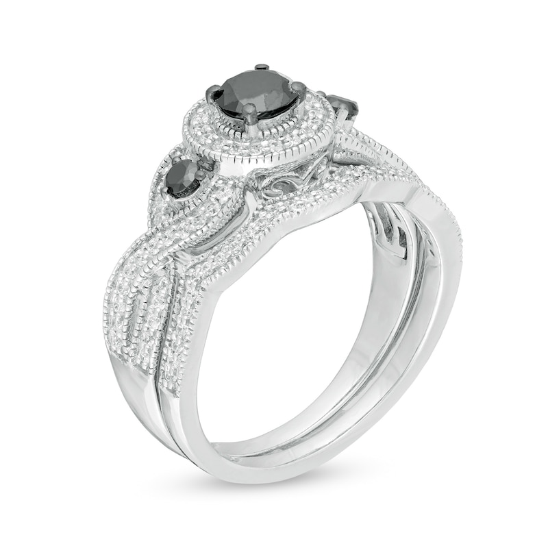 Main Image 3 of 0.69 CT. T.W. Enhanced Black and White Diamond Frame Three Stone Twist Shank Vintage-Style Bridal Set in 10K White Gold