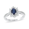 Thumbnail Image 1 of Oval Blue Sapphire and 0.10 CT. T.W. Diamond Sunburst Frame Vintage-Style Tapered Shank Ring in 10K White gold