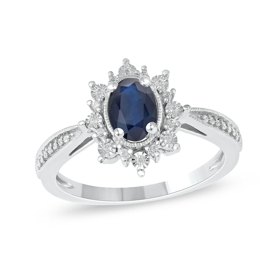 Oval Blue Sapphire and 0.10 CT. T.W. Diamond Sunburst Frame Vintage-Style Tapered Shank Ring in 10K White gold