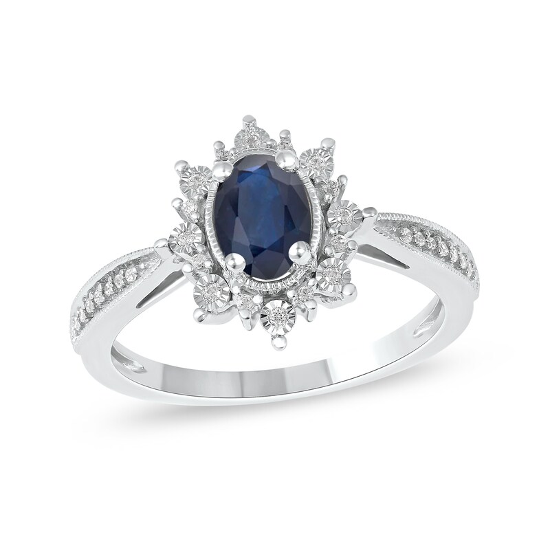 Oval Blue Sapphire and 0.10 CT. T.W. Diamond Sunburst Frame Vintage-Style Tapered Shank Ring in 10K White gold