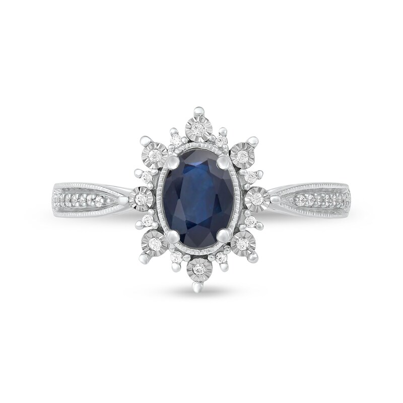 Main Image 3 of Oval Blue Sapphire and 0.10 CT. T.W. Diamond Sunburst Frame Vintage-Style Tapered Shank Ring in 10K White gold