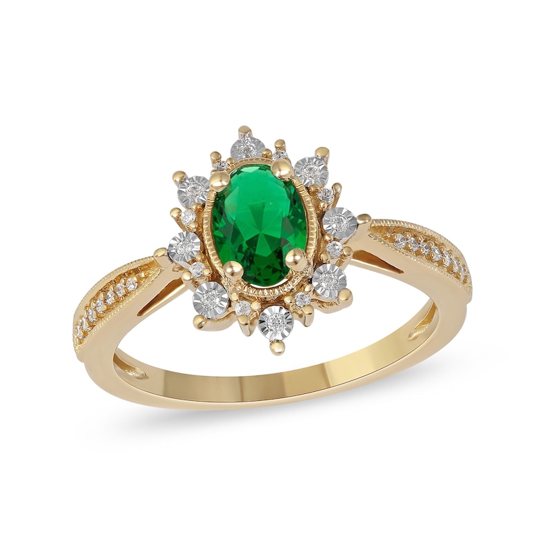 Oval Emerald and 0.10 CT. T.W. Diamond Sunburst Frame Vintage-Style Tapered Shank Ring in 10K Gold