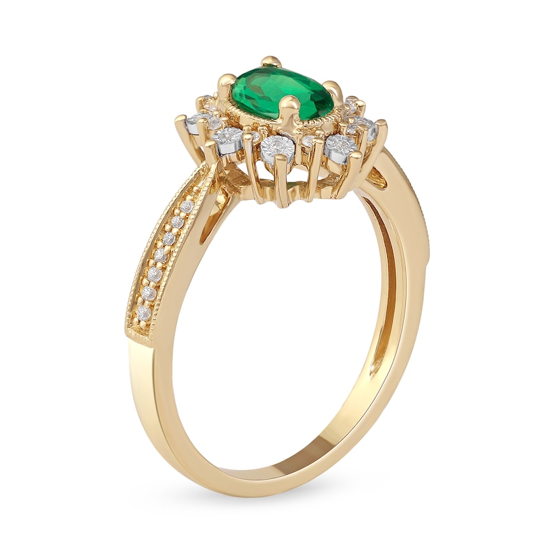 Main Image 2 of Oval Emerald and 0.10 CT. T.W. Diamond Sunburst Frame Vintage-Style Tapered Shank Ring in 10K Gold