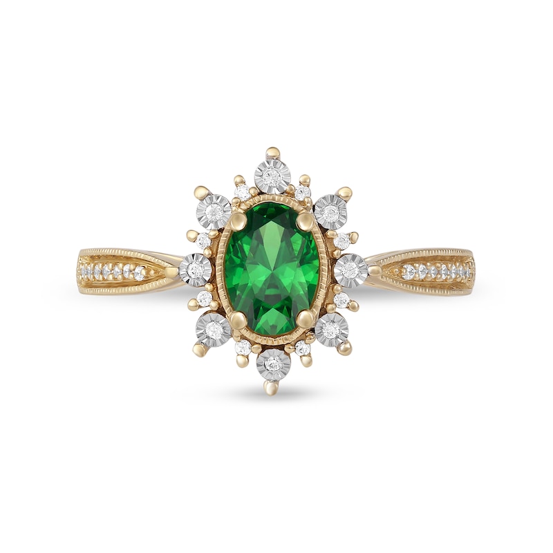 Main Image 3 of Oval Emerald and 0.10 CT. T.W. Diamond Sunburst Frame Vintage-Style Tapered Shank Ring in 10K Gold